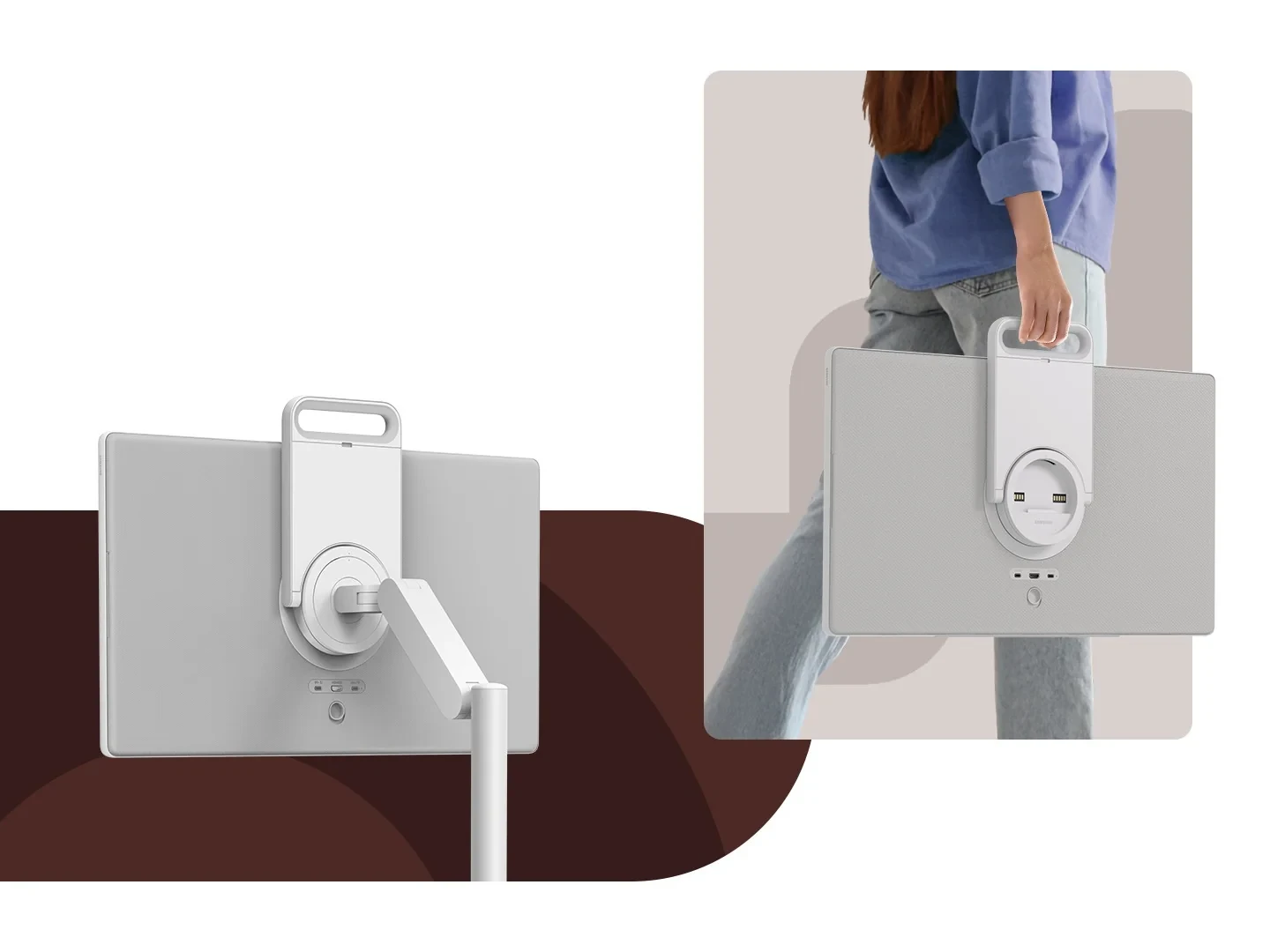 The Movingstyle ekranının tutma kolu ve standdan çıkarılmış ekranı taşıyan bir kişi