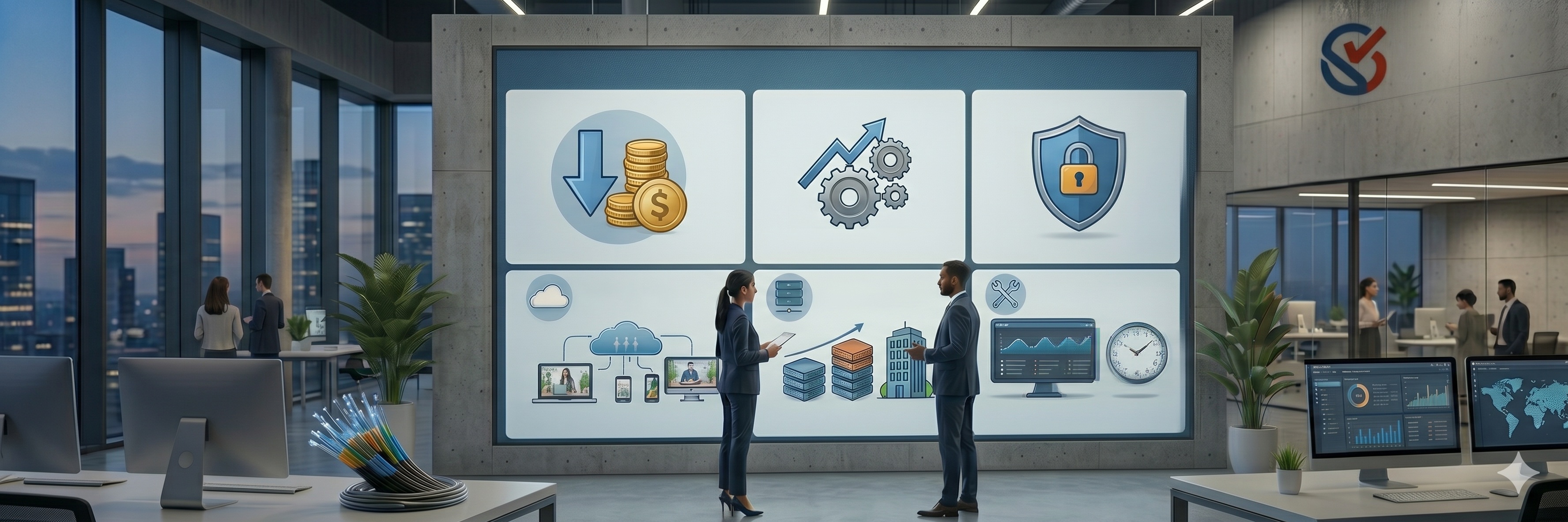 Photorealistic banner of Kodsis consultants in a modern office planning IT strategy on a large digital screen. The display shows steps like cost optimization, data security, cloud solutions, and the Kodsis logo.