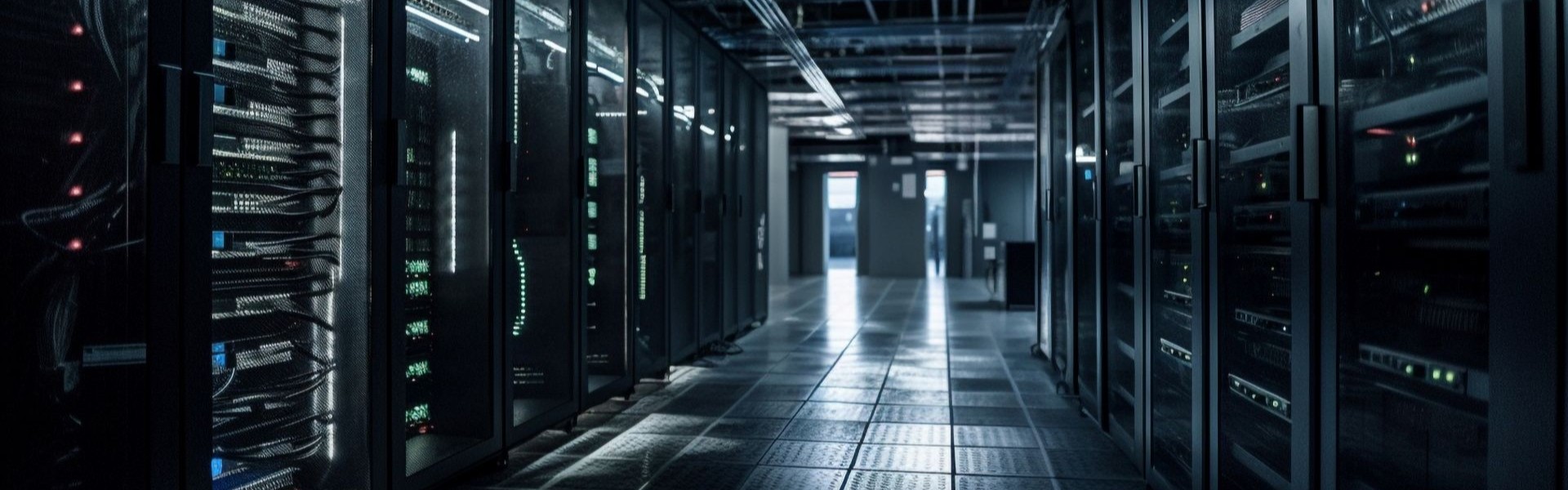 High-tech server racks with glowing green and blue lights in a dark data center corridor.