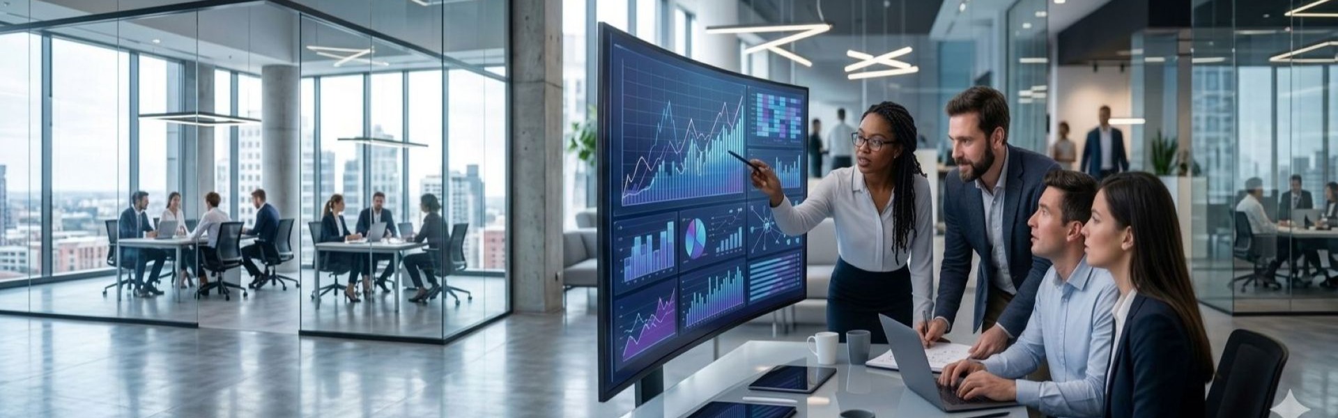 Professional digital marketing team analyzing abstract data on a large curved screen in a modern high-tech office environment.