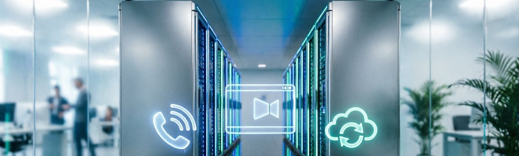 Digital visual of cloud PBX and corporate IP PBX communication solutions.