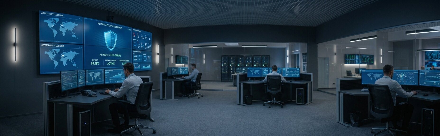 Corporate cyber security and network security solutions, digital protection shield, and firewall infrastructure